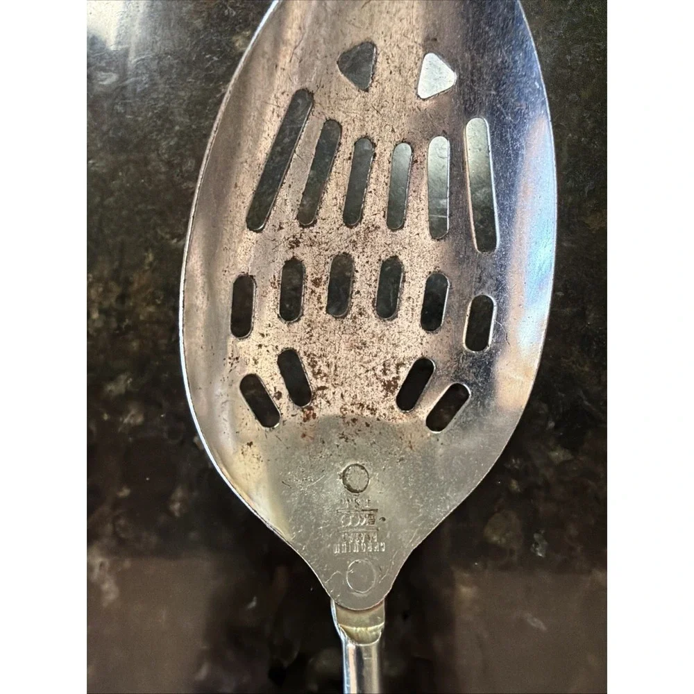 Ekco Chrome Plated Metal Slotted Spoon Black Handle Vintage Utensil Serving